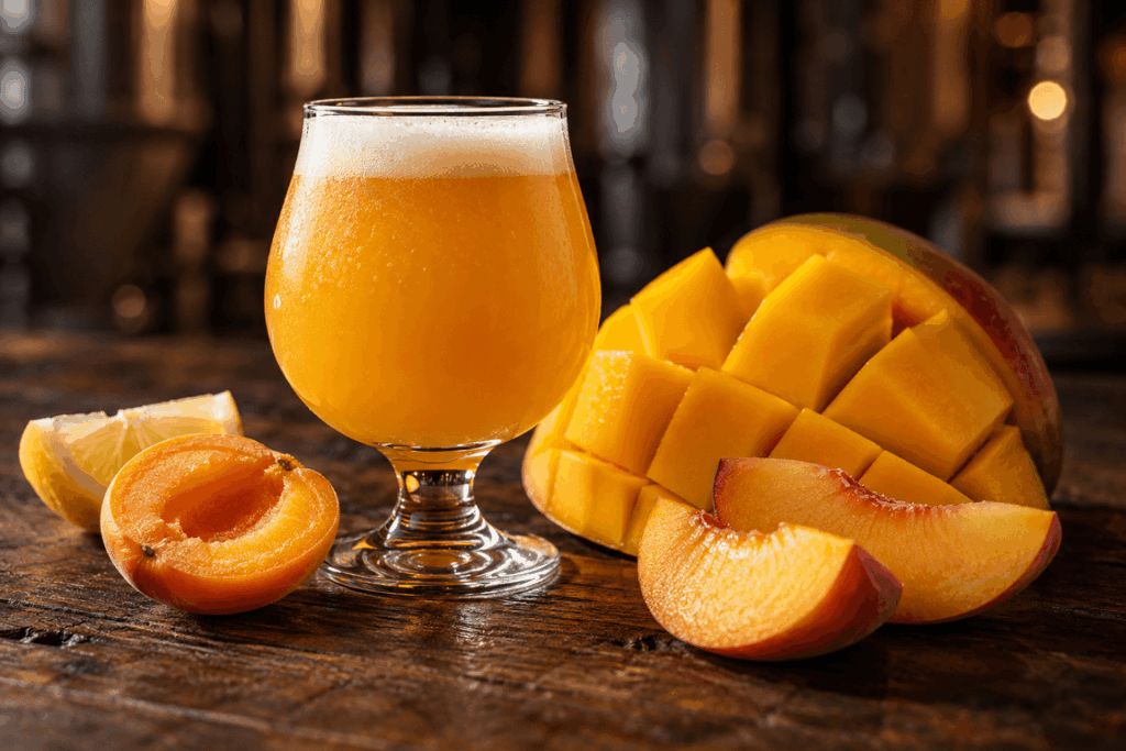 A glass of cloudy orange fruit beer with sliced mango, peach, apricot and lemon on a rustic wooden table