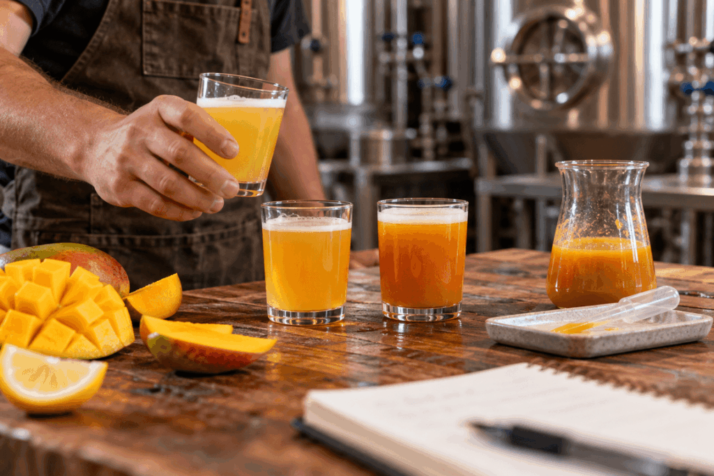 A brewer comparing three golden-orange beer samples beside a vessel of fruit ingredient, mango and lemon in a brewery.