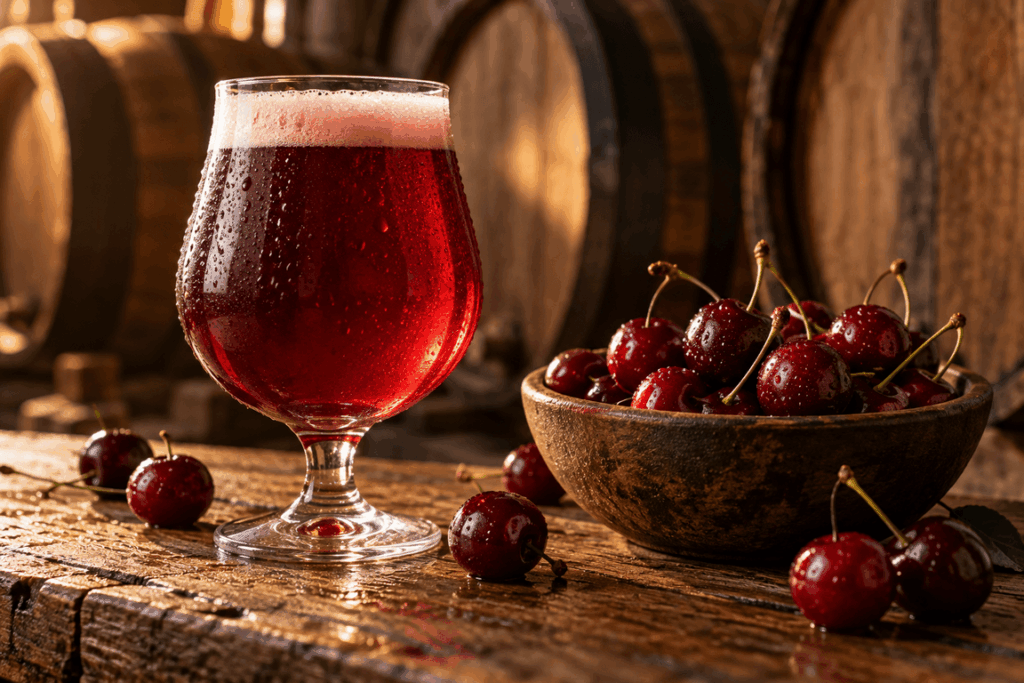 A glass of ruby-red cherry beer beside a bowl of cherries, with oak barrels in the background.