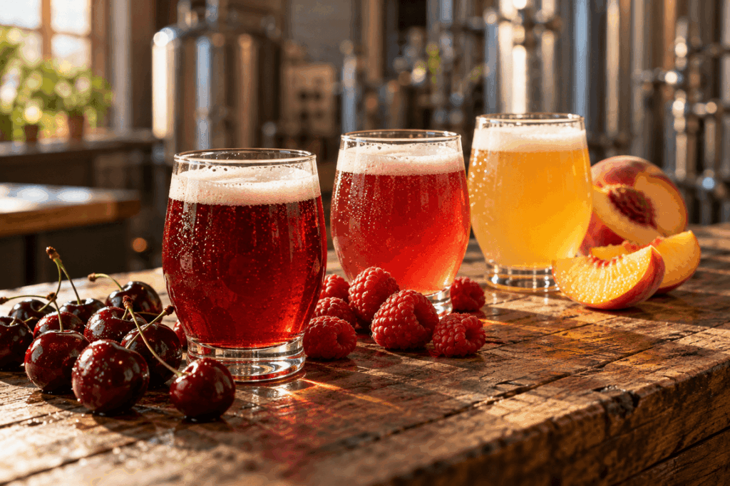 Three glasses of red, pink and golden fruit beer with cherries, raspberries and peach slices on a wooden table.